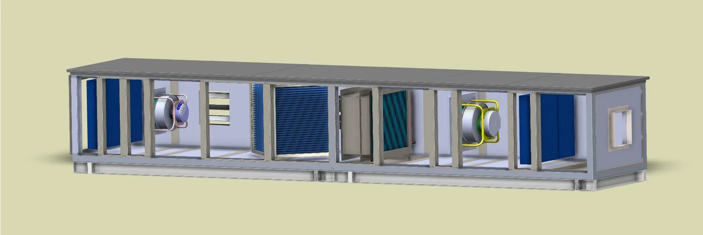 Gráfico 3D de climatizador con filtros, ventiladores, baterías y recuperador en una supervisión Niagara