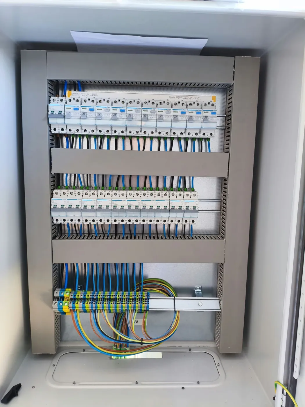 Cuadro eléctrico terminado con protecciones, cableado peinado por canaleta y bornas de salida
