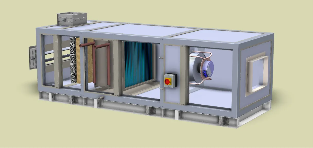 Gráfico 3D de un climatizador con sus secciones de tratamiento de aire